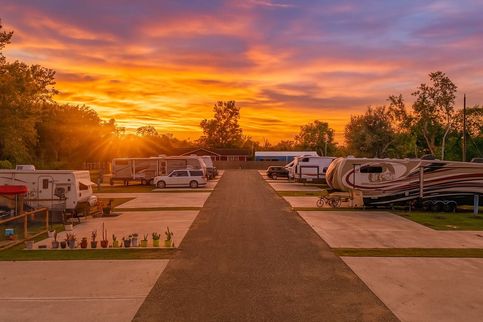 Rows of RVs at No Bad Days RV Park during a vibrant Texas sunset